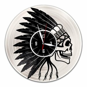 Индейский череп - настенные часы из виниловой пластинки (с серебряной подложкой)