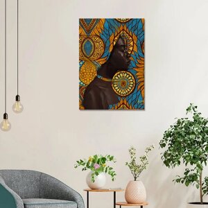 Интерьерная картина на холсте - Африканка сине-жёлтый орнамент арт 20х30