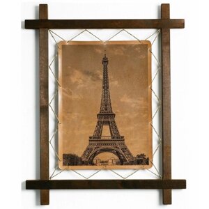 Картина Эйфелева башня, Париж, гравировка на натуральной коже, интерьерная для украшения и декора на стену в деревянной раме, подарок, BoomGift