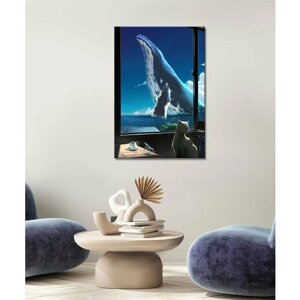 Картина - кит, кит на поверхности, арт, чёрный кот, океан, чистое небо, большой кит (1) 20х30
