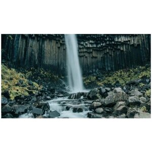 Картина на холсте 60x110 LinxOne "Водопад, скала, река, вода, камни" интерьерная для дома / на стену / на кухню / с подрамником