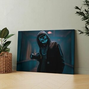 Картина на холсте (человек в маске и капюшоне неоновая парень в и светодиодная) 80x100 см/для интерьера/в комнату/на стену/в подарок