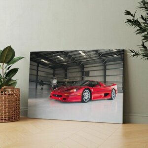 Картина на холсте "Красный спортивный автомобиль, припаркованный в гараже" 30x40 см. Интерьерная, на стену.