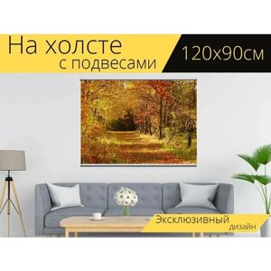 Картина на холсте "Падение, осенние листья, золотая осень" с подвесами 120х90 см. для интерьера