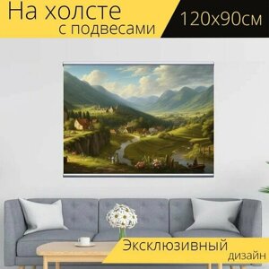 Картина на холсте "Пейзаж с роялем, " с подвесами 120х90 см. для интерьера на стену