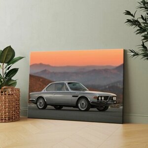 Картина на холсте (Серебряная машина, припаркованная на дороге перед горами) 30x40 см. Интерьерная, на стену.