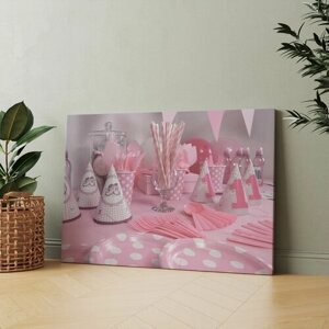 Картина на холсте "Стол с розовыми и белыми тарелками и чашками" 40x60 см. Интерьерная, на стену.