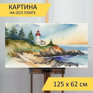 Картина на ОСП "Море маяк, в стиле акварель" 125x62 см. для интерьера на стену