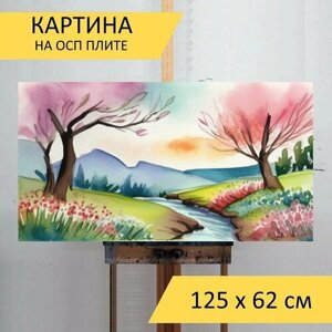 Картина на ОСП "Пейзаж весна поэтапно, в стиле акварель" 125x62 см. для интерьера на стену
