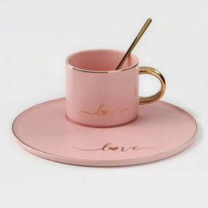 Кофейная пара керамическая «Любовь», 3 предмета: кружка 200 мл, блюдце d=20 см, ложка h=14 см, цвет розовый (комплект из 2 шт)