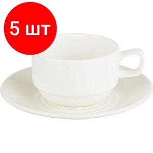 Комплект 5 штук, Чайная пара , Wilmax белая, фарфор, чашка 220 мл, блюдце d-14 см. WL-993008