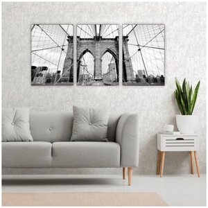 Комплект модульных картин на дереве для интерьера "Бруклинский мост чб" триптих 90*40см