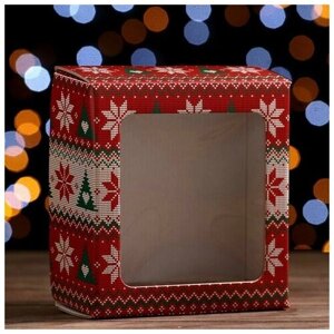 Коробка подарочная, крышка-дно, "Новогодний принт", 14,5x14,5x6 см