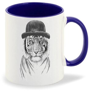 Кружка синий CoolPodarok Животные Тигр в черной шляпе