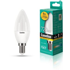 Лампа светодиодная LED8-C35/830/E14 8Вт свеча 3000К тепл. бел. E14 720лм 170-265В, CAMELION 12385 (8 шт.)