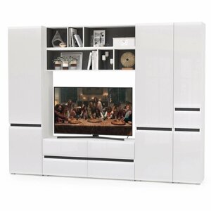 Мебельная глянцевая Стенка для гостиной под телевизор со шкафом 260см белый/чёрный/МДФ белый глянец - НЖ1596