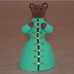 Медведица в зеленом платье, Каргопольская глиняная игрушка, ручная авторская работа