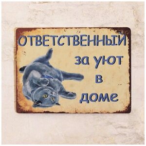 Металлическая табличка Ответственный за уют, металлбританский кот, подарок кошатнику 20х30 см