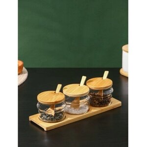 Набор банок стеклянных для сыпучих продуктов на деревянной подставке BellaTenero "Эко. Грани", 295 мл, 30х10х13 см, 3 шт