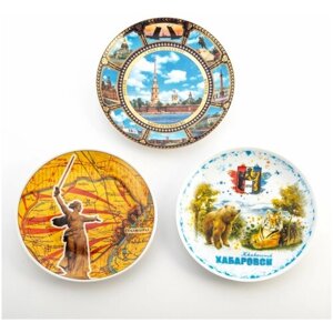 Набор из 3 сувенирных тарелок города России: Санкт- Петербург, Хабаровск