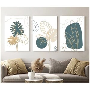 Набор из трех картин на холсте / 60х40 / Абстракция "Зелено-золотая ботаника"Модульная картина / в кухню / в спальню / в гостиную / на стену