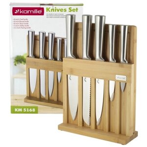 Набор кухонный ножей из нержавеющей стали на подставке Kamille KM-5168 (5 ножей + досточка)