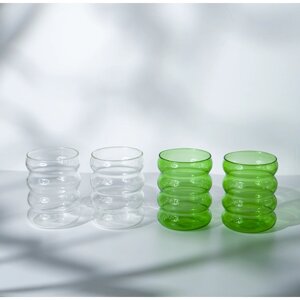 Набор стеклянных волнистых стаканов для кофе, латте, чая, бокал 300 мл 4 шт прозрачный и зеленый