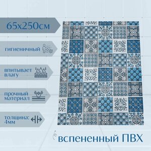 Напольный коврик для ванной комнаты из вспененного ПВХ 65x250 см, голубой/серый, с рисунком "Квадраты"