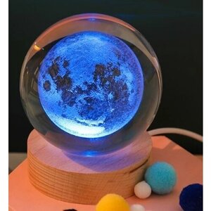 Ночник светильник 3D хрустальный шар 8см. Луна/RGB разноцветный смена цветов/деревянное основание/питание USB/Без блока питания