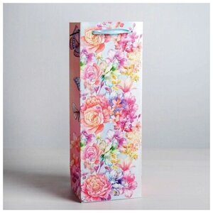 Пакет ламинированный под бутылку «Цветы и бабочки», 13 36 10 см