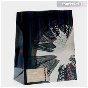 Пакет подарочный ламинированный вертикальный, упаковка, «Небоскрёб», радужная голография, М 26 х 32 х 12 см