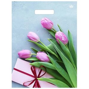 Пакет "Тюльпаны в подарок", полиэтиленовый, с вырубной ручкой, 31 х 40 см, 60 мкм