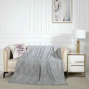 Плед евро 200х220 однотонный серый, покрывало на кровать и диван Cleo Bamboo, пушистый с узором, микрофибра, флисовый, велсофт