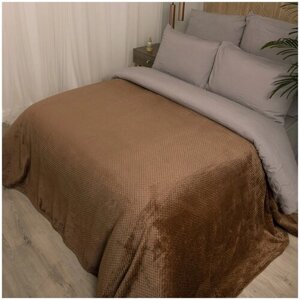 Плед покрывало велюровый на 2 спальную кровать, плюшевая накидка на диван, кресло из микровелюра MICRO VELUR, "Жаккард", 220х240, коричневый