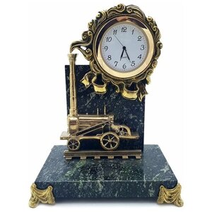 Подарки Настольные часы "Паровоз" из бронзы и змеевика (16 см)