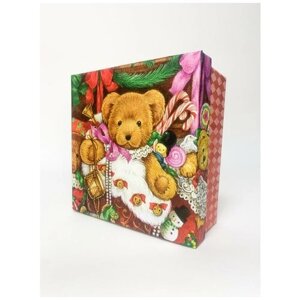 Подарочная коробка из картона с крышкой, прямоугольная, с новогодним медведем, 14х14 см, красная