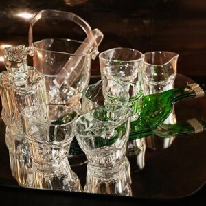 Подарочный набор - Шесть бокалов для виски (гр. блюдо (менажница) из зеленой винной бутылки, квадратный графин, ведерко для льда - Хмельное стекло