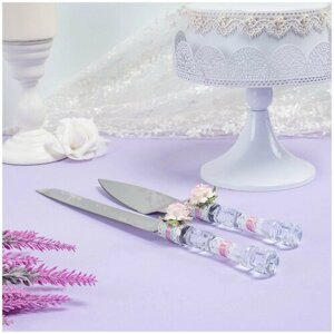 Приборы для свадебного торта молодоженов "Нимфа" с нежным декором ручной работы (лопатка и нож)