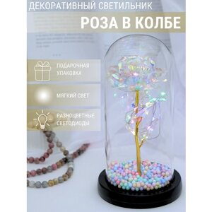 Роза в колбе, светильник, декоративный, с LED-гирляндой и шариками, белая RK_01b