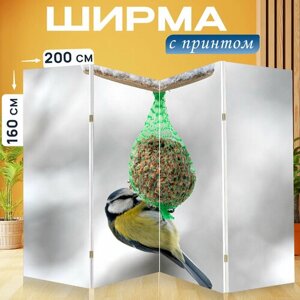 Ширма перегородка с принтом "Лазоревка, птица, кормушки для птиц" на холсте - 200x160 см. для зонирования, раскладная