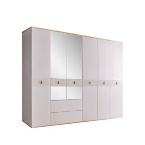 Шкаф 6-ти дверный с зеркалами, с выдвижными ящиками, Римини соло (Белый/Золото) РМШ1/61(s)