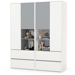 Шкаф четырехстворчатый для одежды в прихожую, спальню или гостиную 160см белый шагрень/стальной серый - НЖ1628