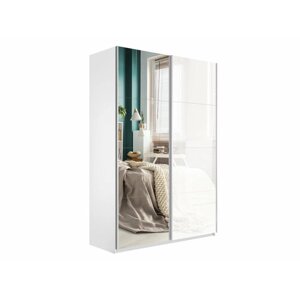 Шкаф купе для одежды с доводчиком , цвет Белый, 230х160х57см (ВхШхГ), две двери, Белое Стекло/Зеркало
