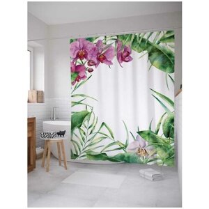Штора водоотталкивающая для ванной, занавеска в ванную комнату тканевая JoyArty "Тропические орхидеи", 180х200 см