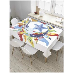 Скатерть прямоугольная JoyArty на кухонный стол "Цветные солнце и луна" из оксфорда, 180x145 см