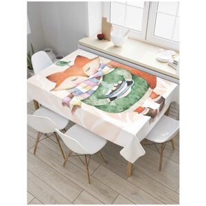 Скатерть прямоугольная JoyArty на кухонный стол "Лисенок согревается" из оксфорда, 180x145 см
