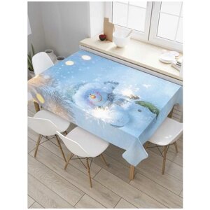 Скатерть прямоугольная JoyArty на кухонный стол "Снеговик под елочкой" из оксфорда, 180x145 см