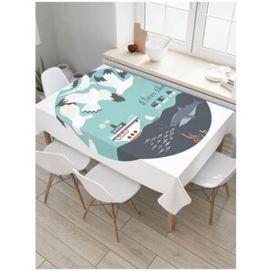 Скатерть прямоугольная JoyArty на кухонный стол "Зубастая акула и чайки" из оксфорда, 120x145 см