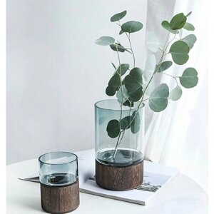 Стеклянная ваза с подставкой из дерева, 23х14 см