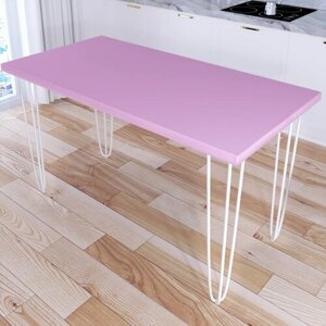 Стол кухонный Loft со столешницей розового цвета из массива сосны 40 мм и белыми металлическими ножками-шпильками, 130х60х75 см